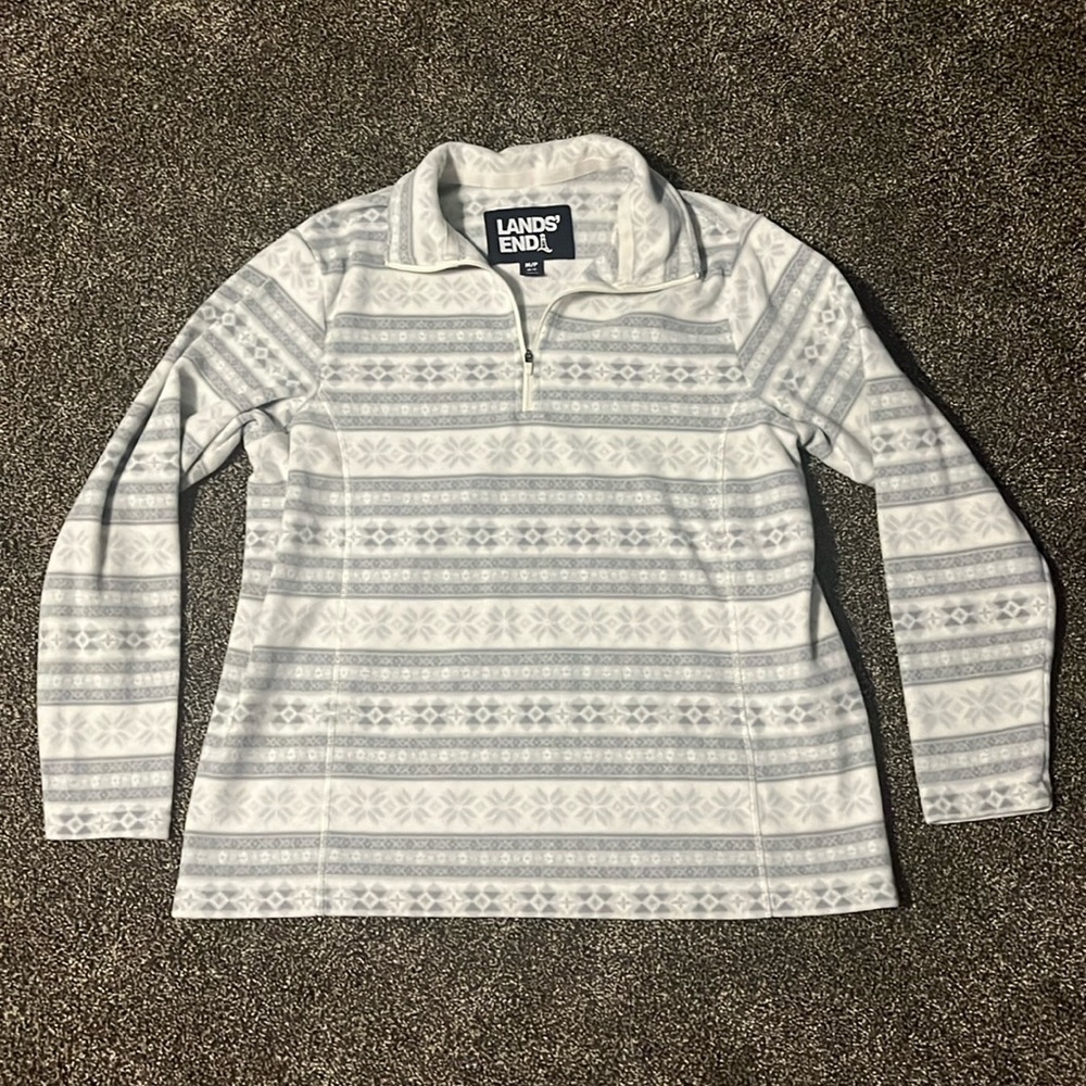 Lands’ End women’s medium white fair isle quarter zip sweater snowflake winter